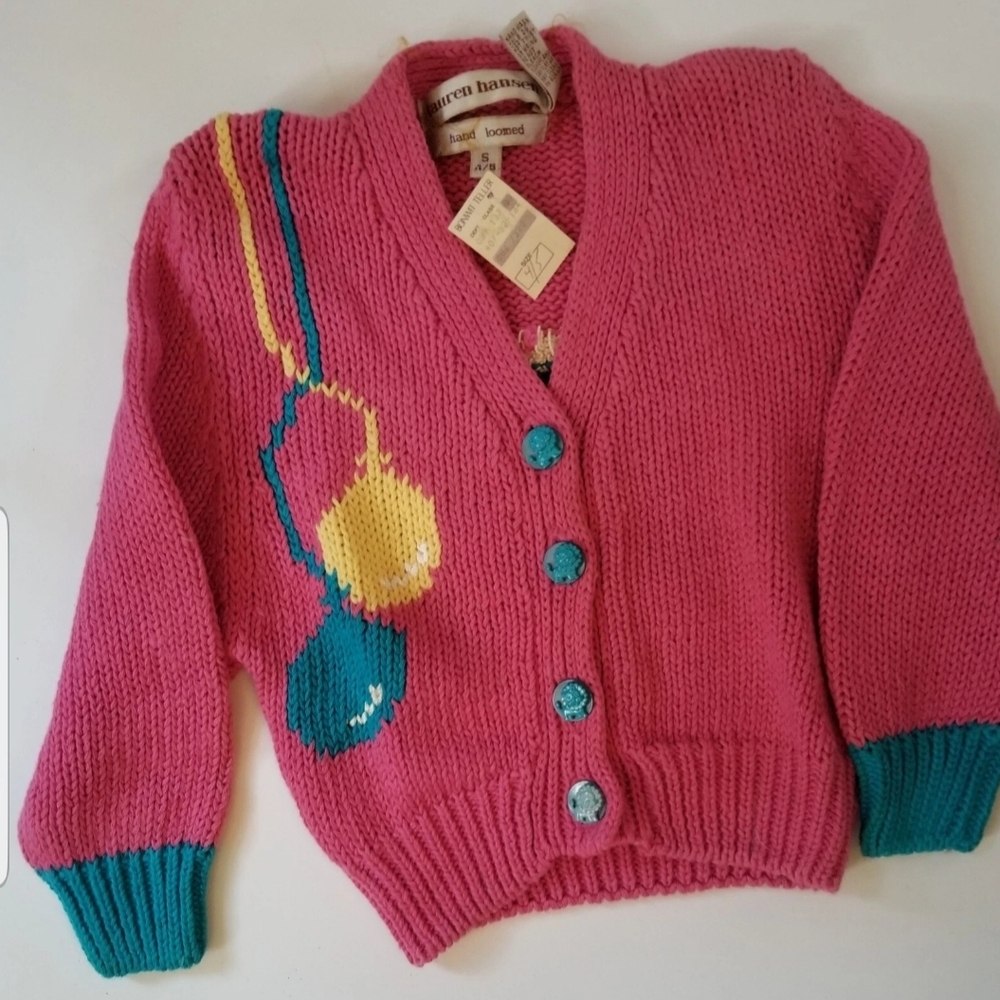 NWT Vintage 70s Lauren Hansen Bonwit Teller Girls Pink/Multi Circus Cardigan 4/5